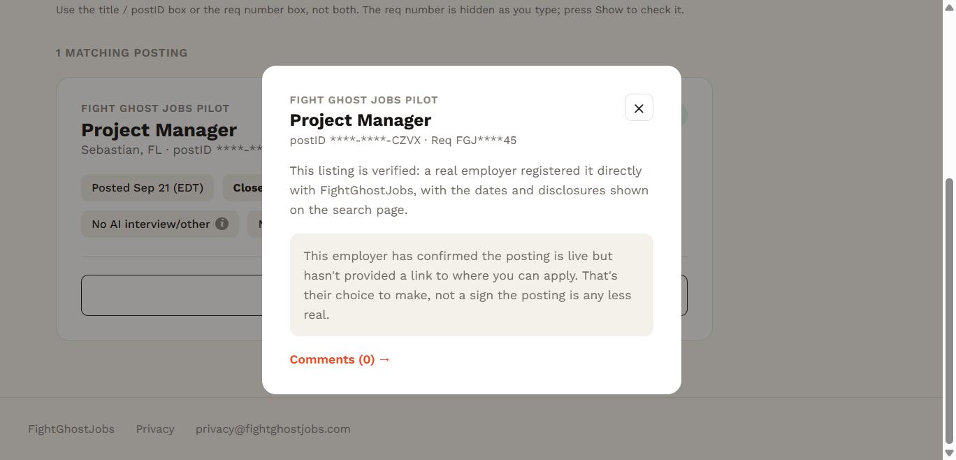 Real FightGhostJobs posting detail modal showing an honest disclosure that no destination link has been provided yet