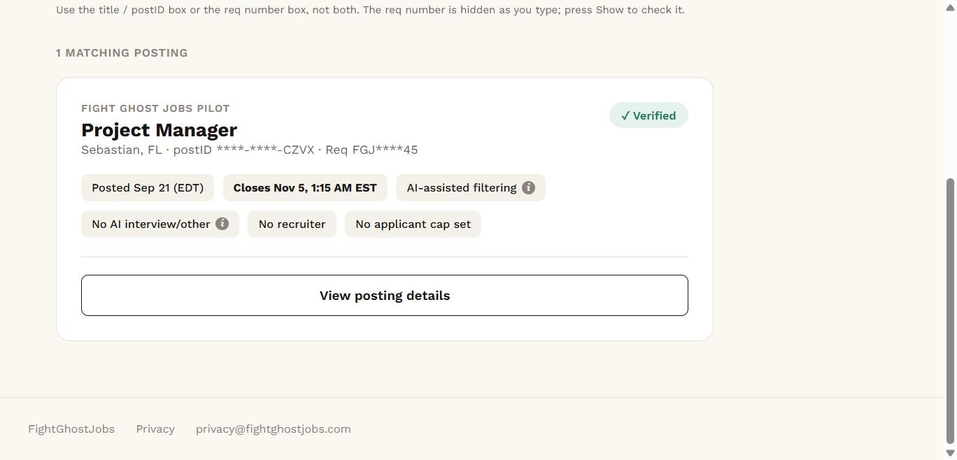 Real FightGhostJobs search result showing a verified posting card