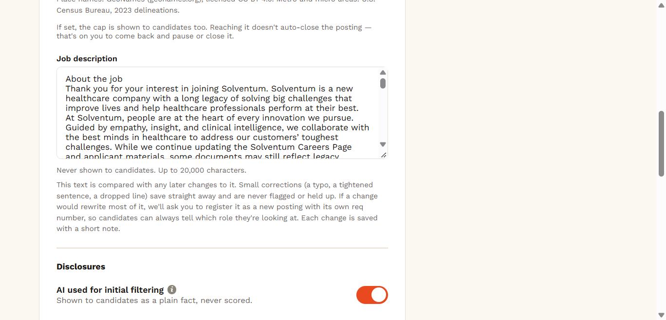 Real FightGhostJobs edit-posting screen showing the two independent AI disclosure toggles