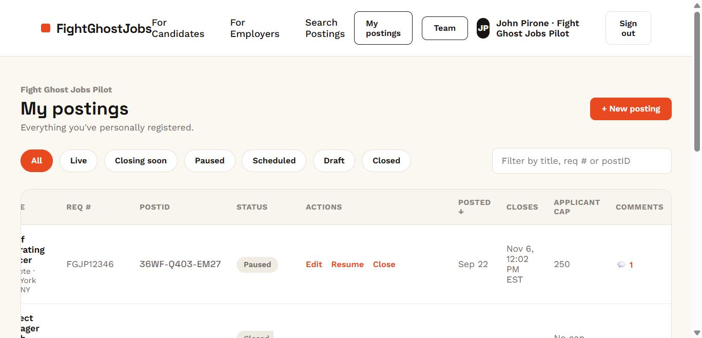 Real FightGhostJobs employer dashboard, My Postings, showing live filters and a table of registered postings