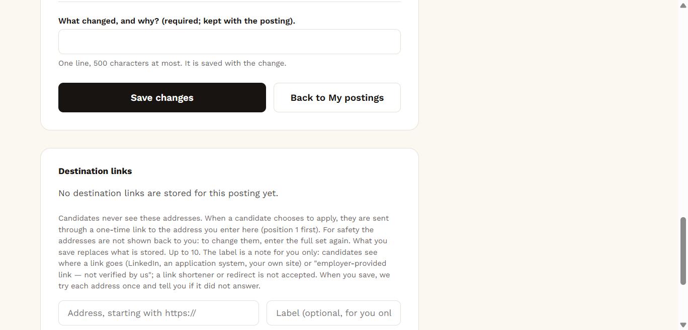Real FightGhostJobs edit-posting screen showing the destination links configuration panel